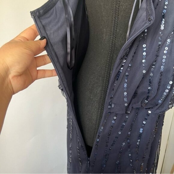 Adrianna Papell - Long Sequins Beaded One-Shoulder Gown - Dusty Navy. Size: 18W - Picture 13 of 16